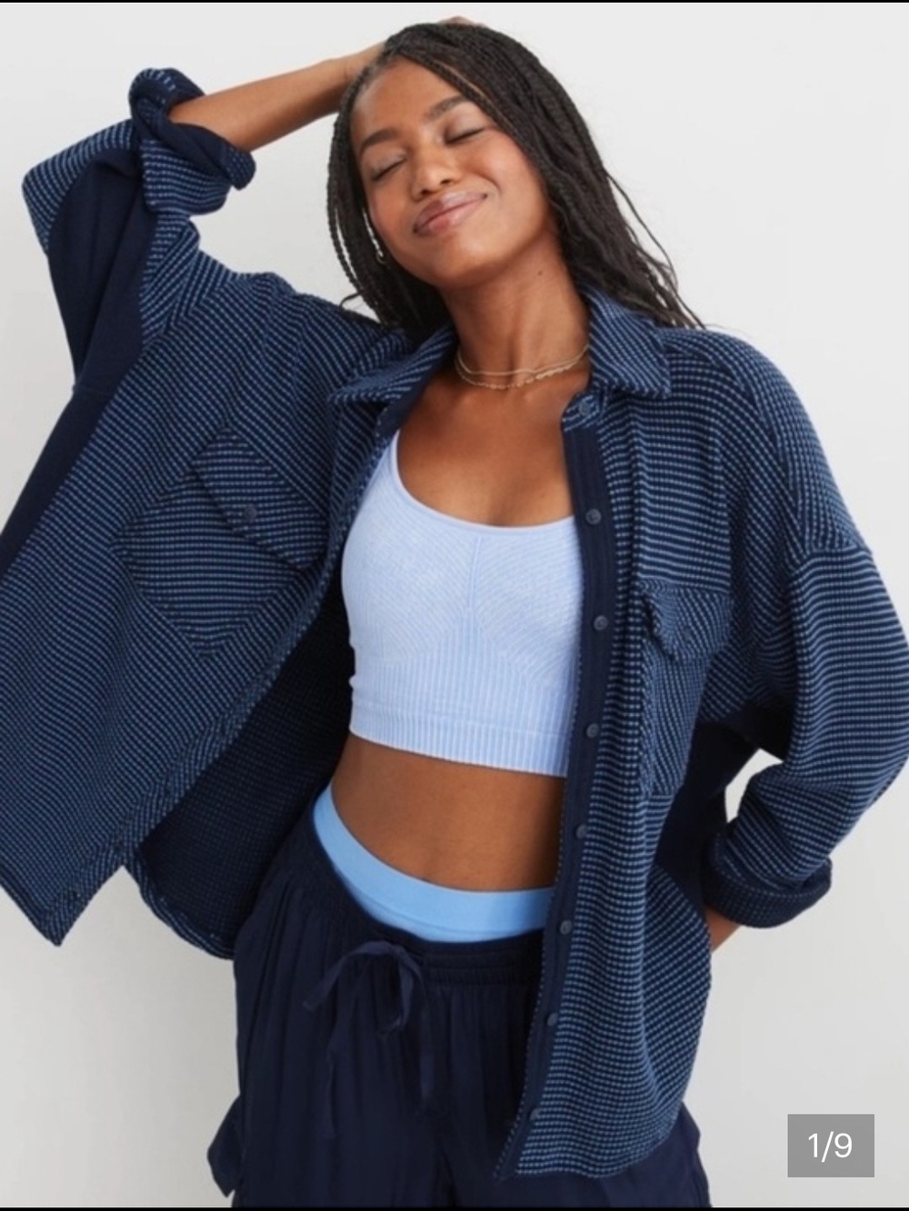 aerie LumberJane Navy Oversized Waffle Knit Button-Up